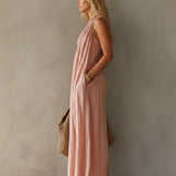 Vestido maxi elegante, sem mangas, com design de um ombro só