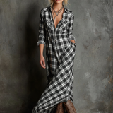 Vestido Maxi Camiseiro Feminino de Xadrez com Lapela e Botões