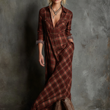 Vestido Maxi Camiseiro Feminino de Xadrez com Lapela e Botões