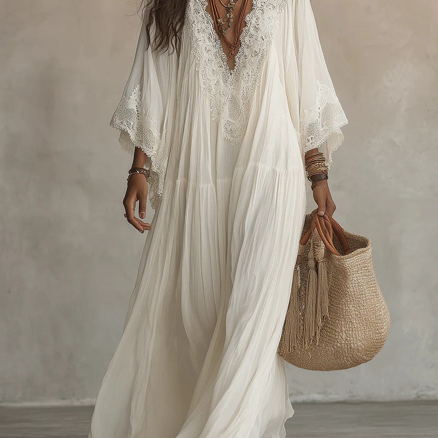Ambra | Vestido maxi preto com decote em V e mangas de morcego