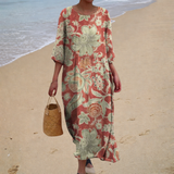 Anke vestido comprido com flores vermelhas e verdes