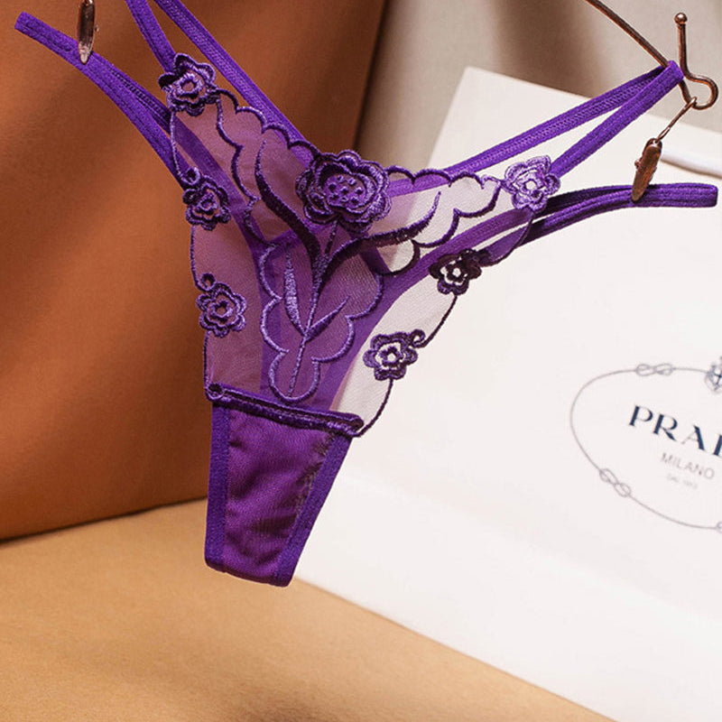 Rose Embroidery Thong Mesh Panties