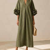 Vestido Midi Verde-Azeitona com Decote em V e Mangas Florais Marcantes