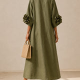 Vestido Midi Verde-Azeitona com Decote em V e Mangas Florais Marcantes