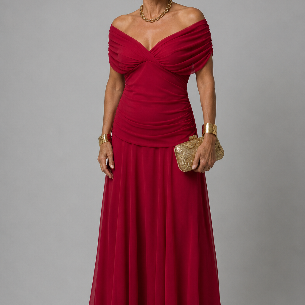 Ariane | Vestido Midi Drapeado de Ombros Descobertos