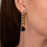 Brinco Corrente Glamour Pedra Onix Banhado em Ouro 18K