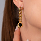 Brinco Corrente Glamour Pedra Onix Banhado em Ouro 18K