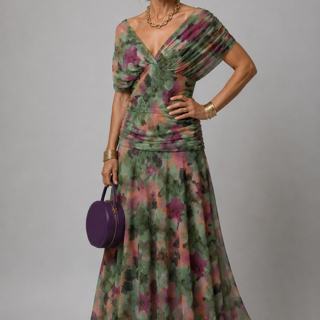 Ariane | Vestido Midi Drapeado de Ombros Descobertos