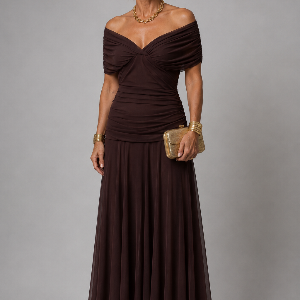 Ariane | Vestido Midi Drapeado de Ombros Descobertos