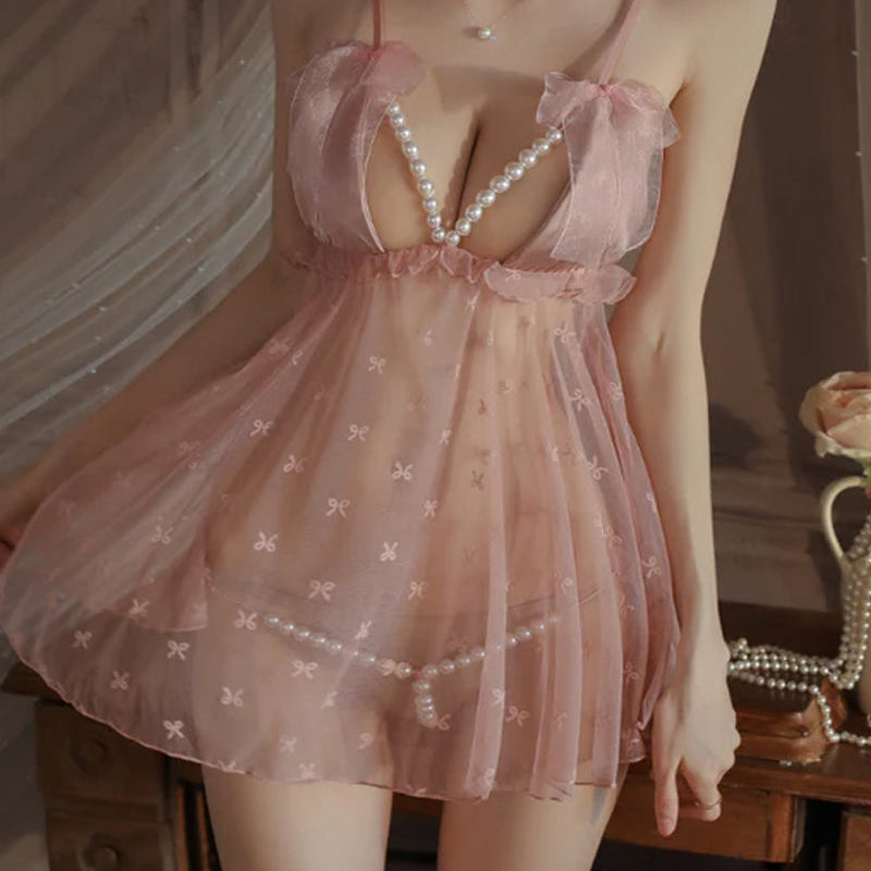 Sexy Deep V Mesh See-Through Pearl Open Crotch Lingerie Set