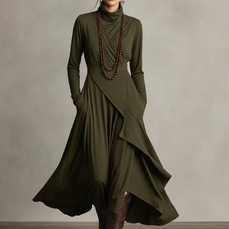 Vestido Maxi Boho de Algodão com Gola Alta e Drapeado Assimétrico