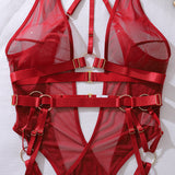 Sexy Holder Backless Metallic Strap See-Through Mesh Bodysuit