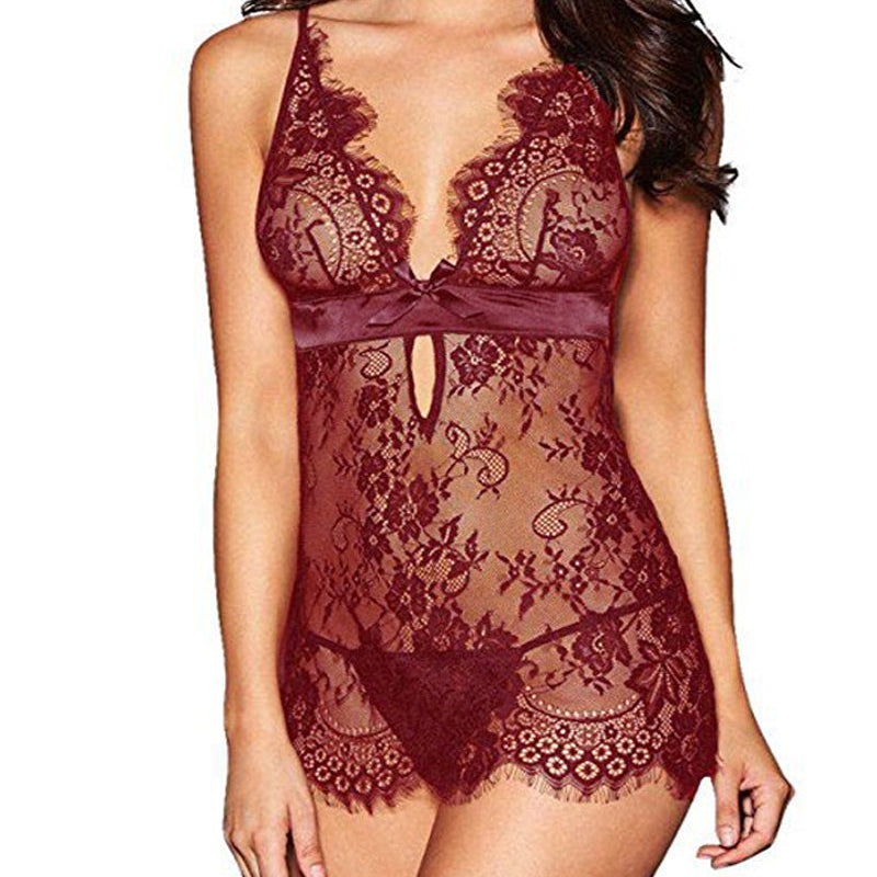 Sexy Deep V See-Through Eyelash Lace Camisole Nightgown