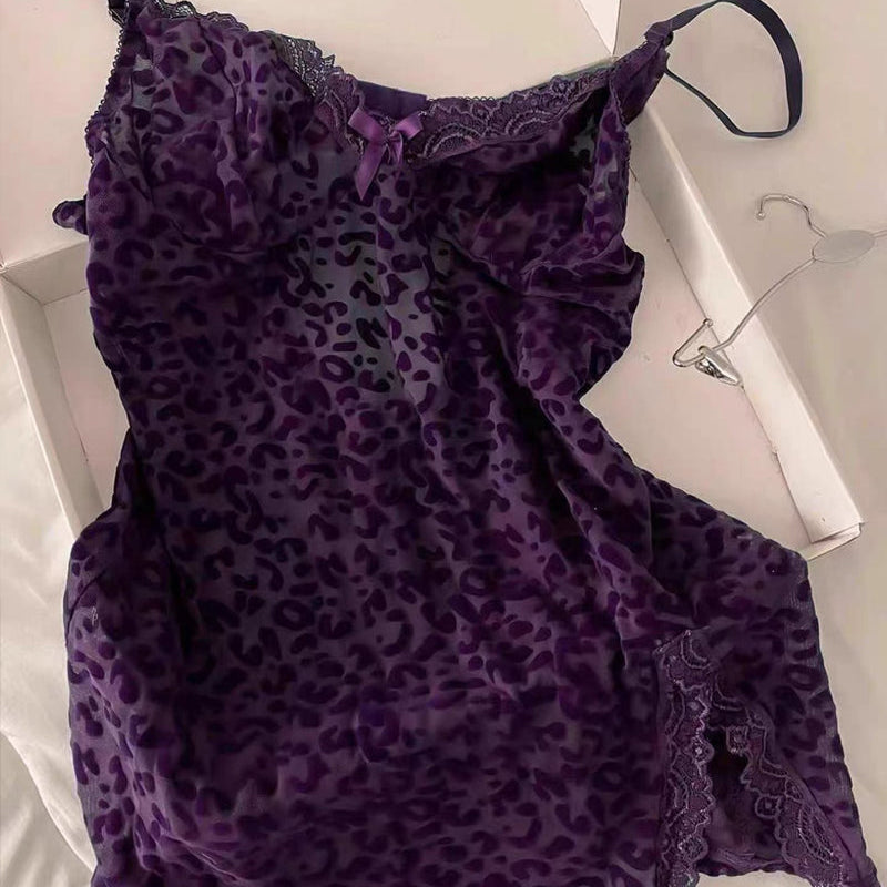 Sexy Deep V Flocked Leopard Print See-Through Mesh Bodycon Nightgown