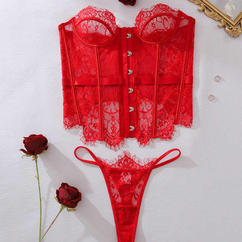 Embroidered Floral See-Through Sexy Hollow Strap Body Shaping Underwear Two-Piece Set with Stockings