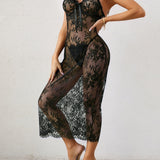 Sexy Floral Lace Mesh See-through Long Camisole Nightgown