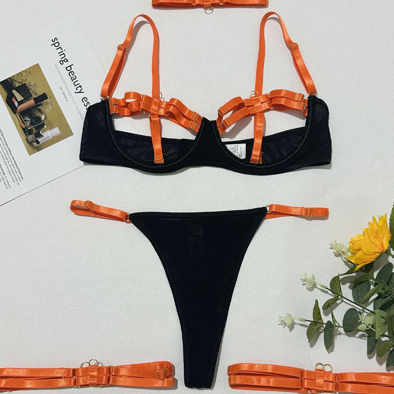 Sexy Two-Color Shoulder Strap Splicing Hollow Strap Fun Suit
