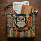 Mala artesanal com coruja e livros antigos – Ideia para presente