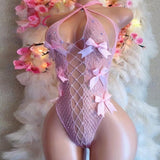 Sexy Halter Neck Openwork Mesh Bow-Decorated Bodysuit