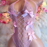 Sexy Halter Neck Openwork Mesh Bow-Decorated Bodysuit