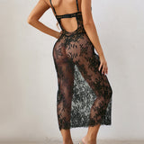 Sexy Floral Lace Mesh See-through Long Camisole Nightgown
