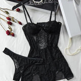 Women's Sexy Floral Lace See-through Slip Dress and Thong Set