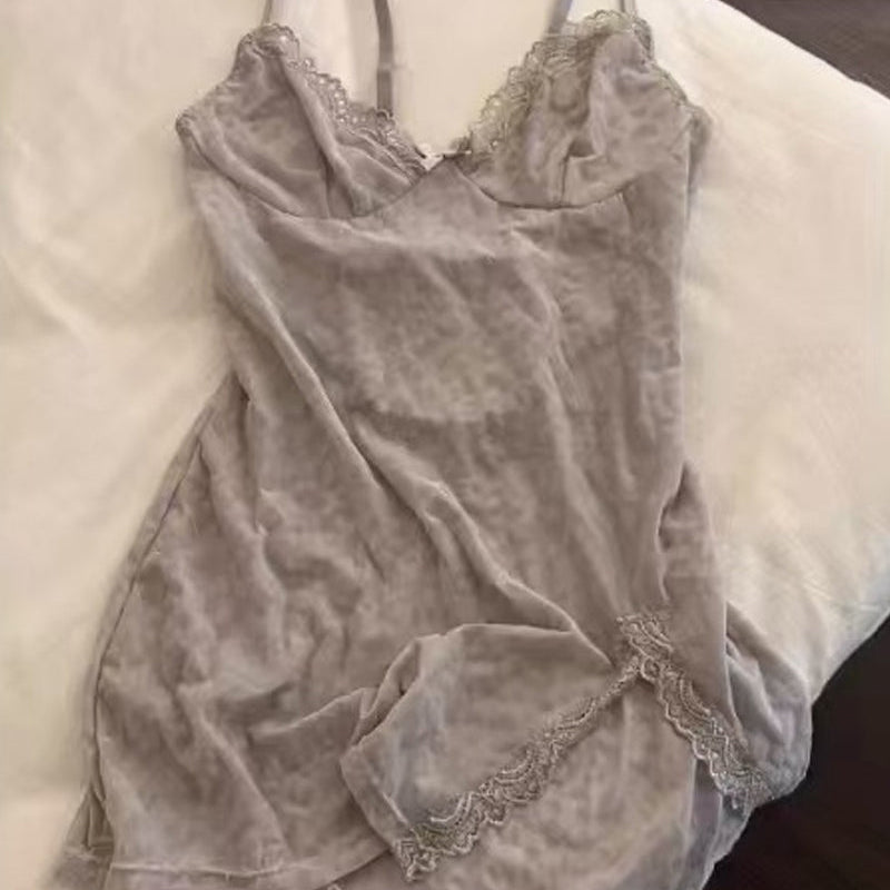 Sexy Deep V Flocked Leopard Print See-Through Mesh Bodycon Nightgown