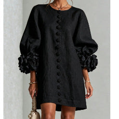 Vestido Floral com Mangas Balão e Decote Redondo