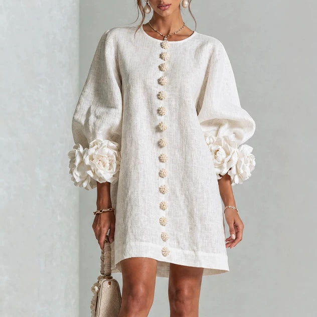 Vestido Floral com Mangas Balão e Decote Redondo