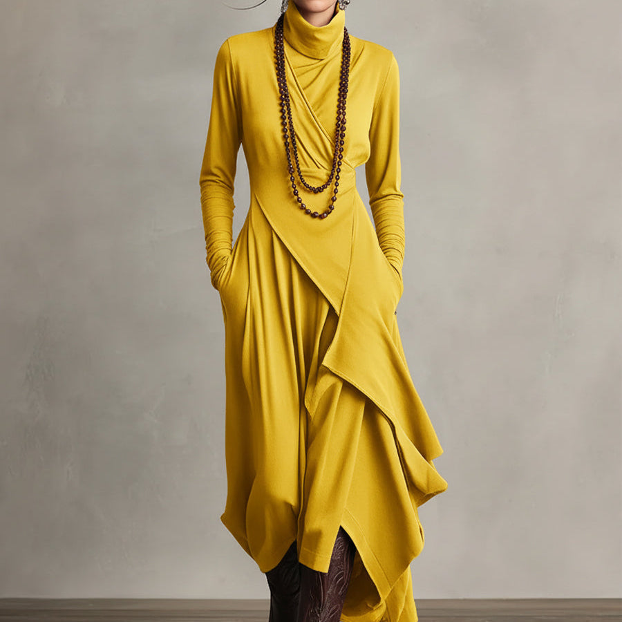 Vestido Maxi Boho de Algodão com Gola Alta e Drapeado Assimétrico