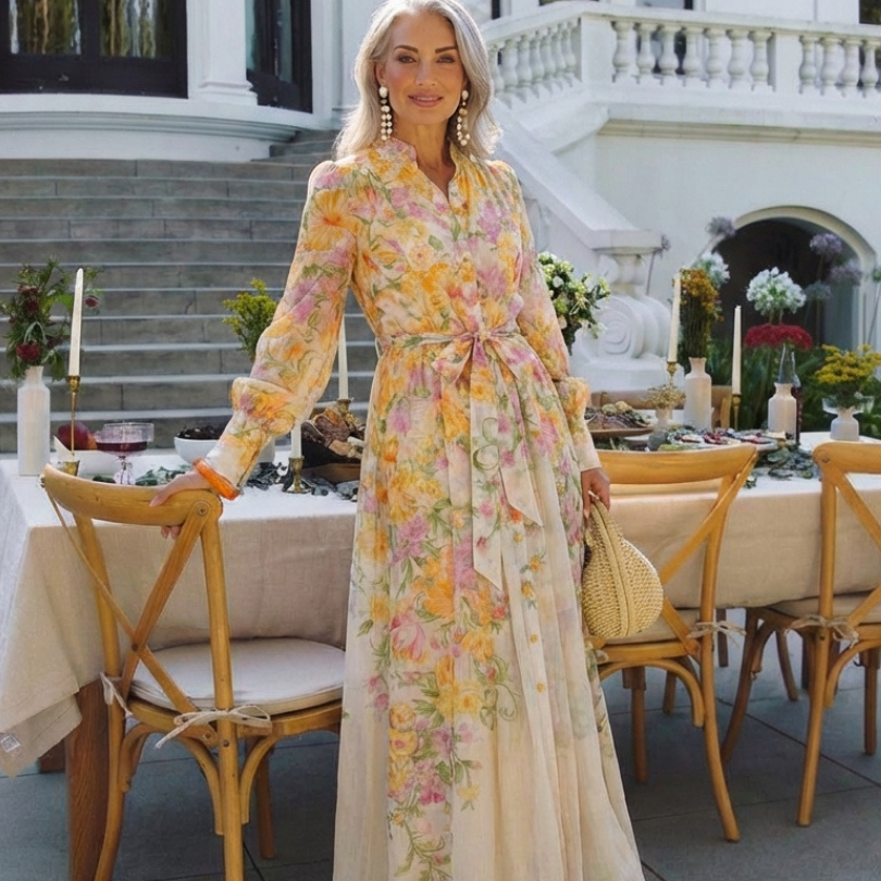 Cressida | Maxi vestido floral transparente de manga longa
