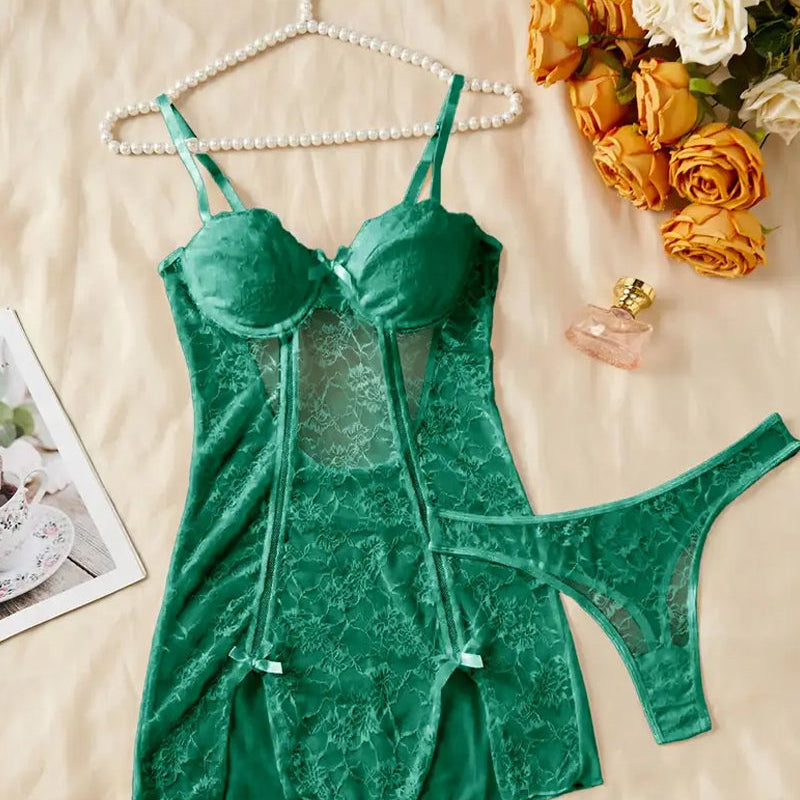 Women's Sexy Floral Lace See-through Slip Dress and Thong Set